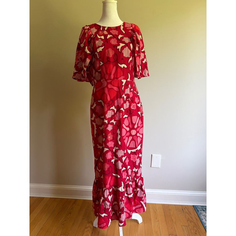 Rhode x Target linen blend Red Floral Boho Flutter Sleeve Maxi Size 6 Ruffle Hem